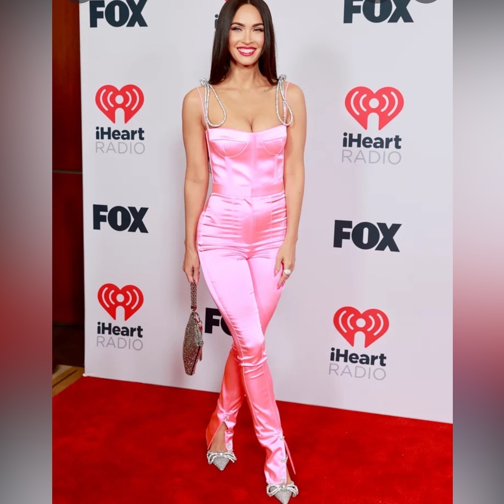 LUXURY RHINESTONE STRAP SPLIT FRONT BUSTIER CORSET PINK SATIN JUMPSUIT